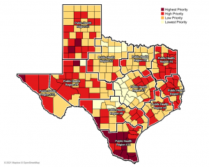 Heat map of the state of Texas showing priority across counties.