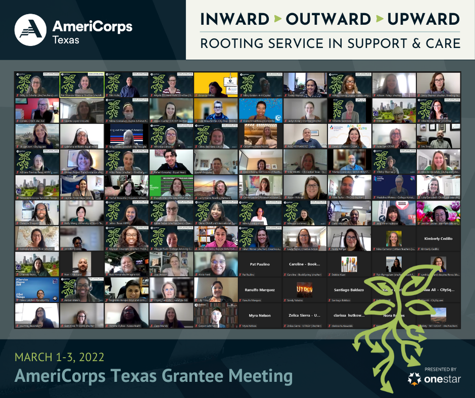 Screenshot of a grid of Zoom call participants | AmeriCorps Texas Grantee Meeting | March 1-3, 2022 | Inward > Outward > Upward: Rooting Service in Support & Care